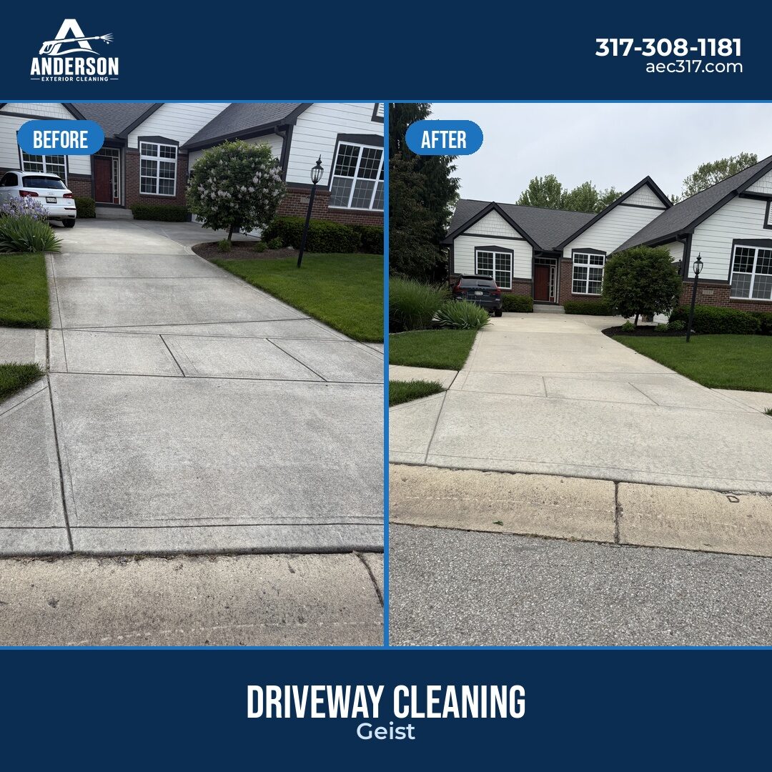 Driveway cleaning before and after result near Geist, IN