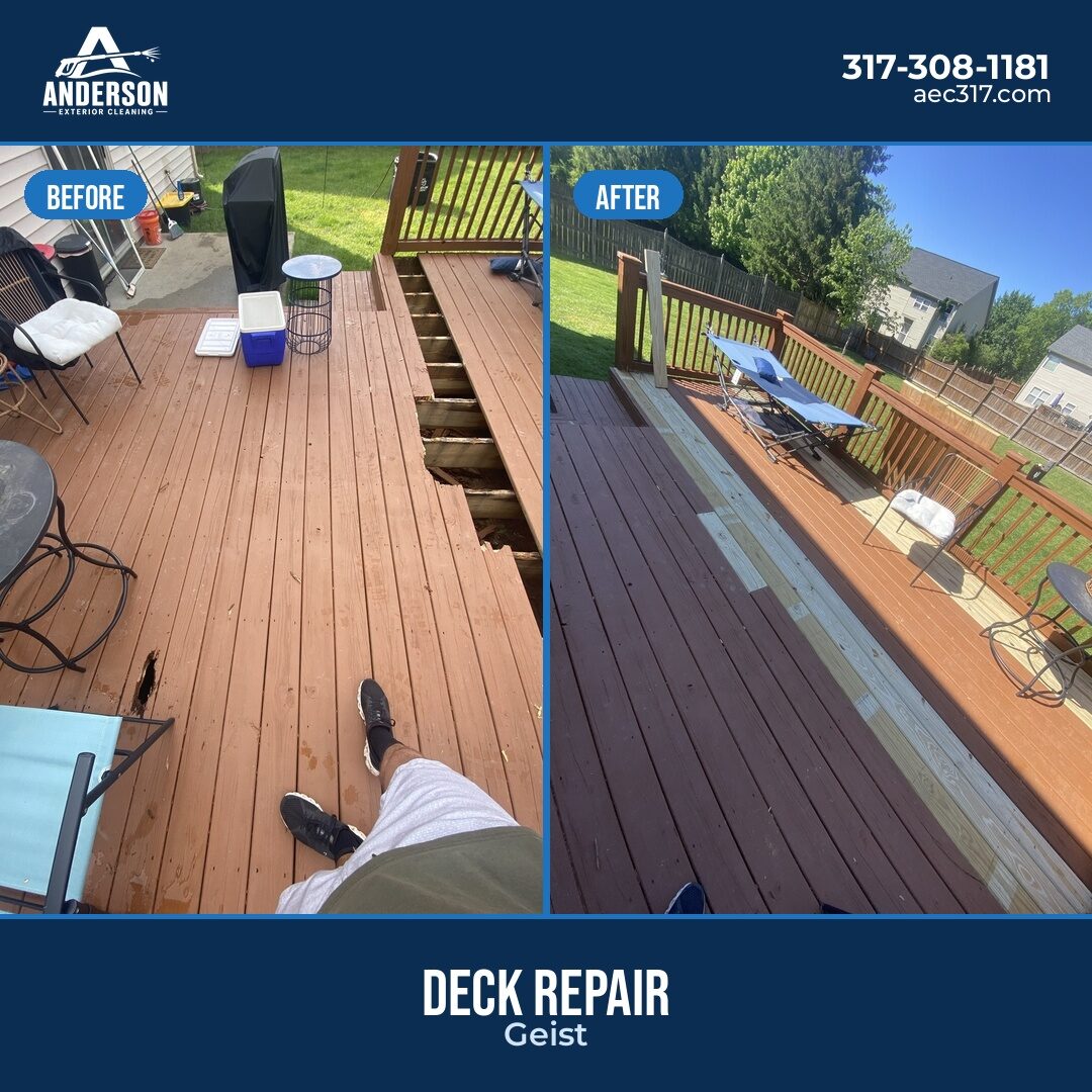 Deck cleaning and repair before and after result near Geist, IN