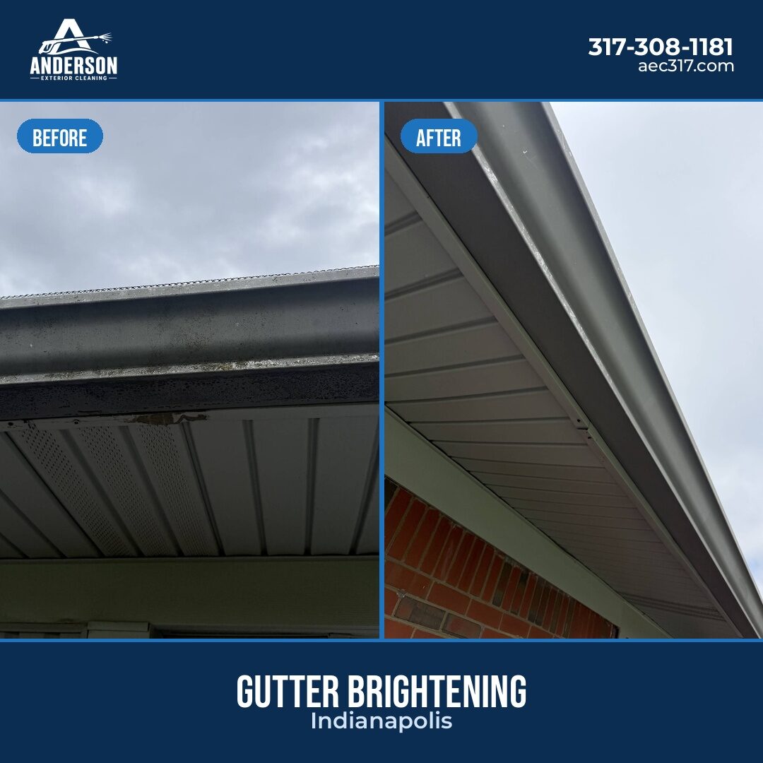 Gutter cleaning and brightening before and after result in Indianapolis, IN