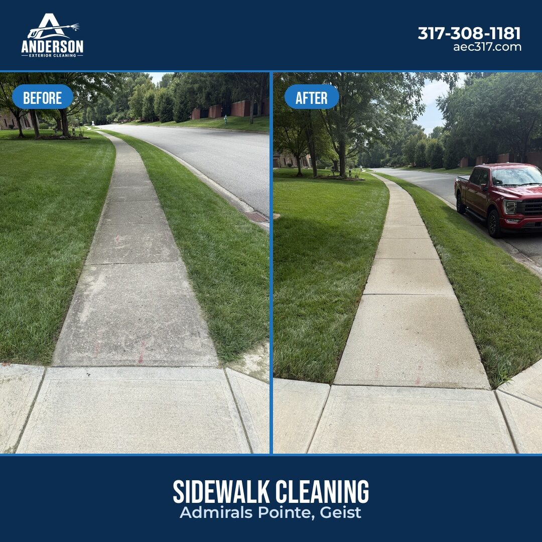 Sidewalk pressure washing before and after result near Geist, IN